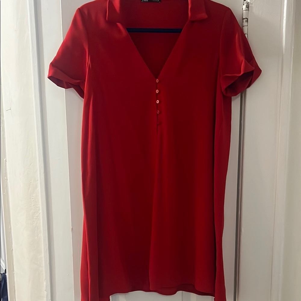 Zara Red Short-Sleeve V-Neck Women's Dress
